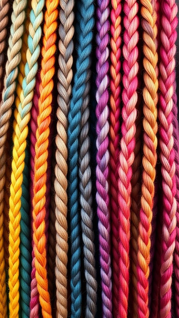 Colorful braided strands in various shades for knotless twist braids