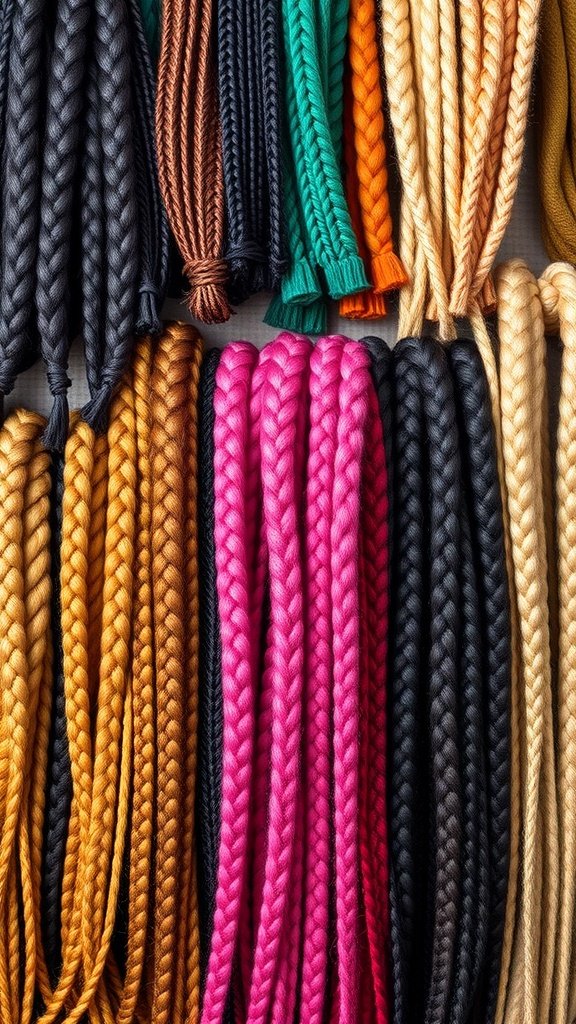 A variety of colored braids in different shades, showcasing options for knotless braids.