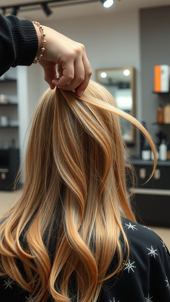 A stylist preparing honey blonde hair for knotless braids