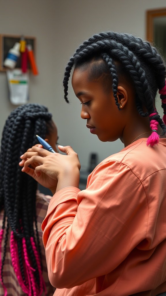 A stylist working on medium boho knotless braids, showcasing vibrant colors and intricate braiding techniques.