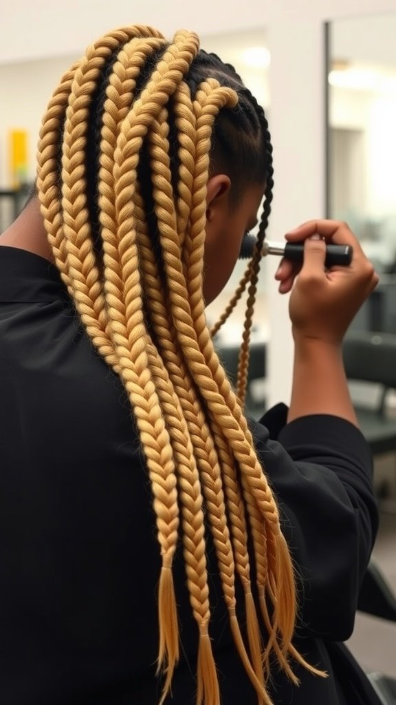 A woman with long blonde knotless box braids, showcasing a stylish and modern hairstyle.