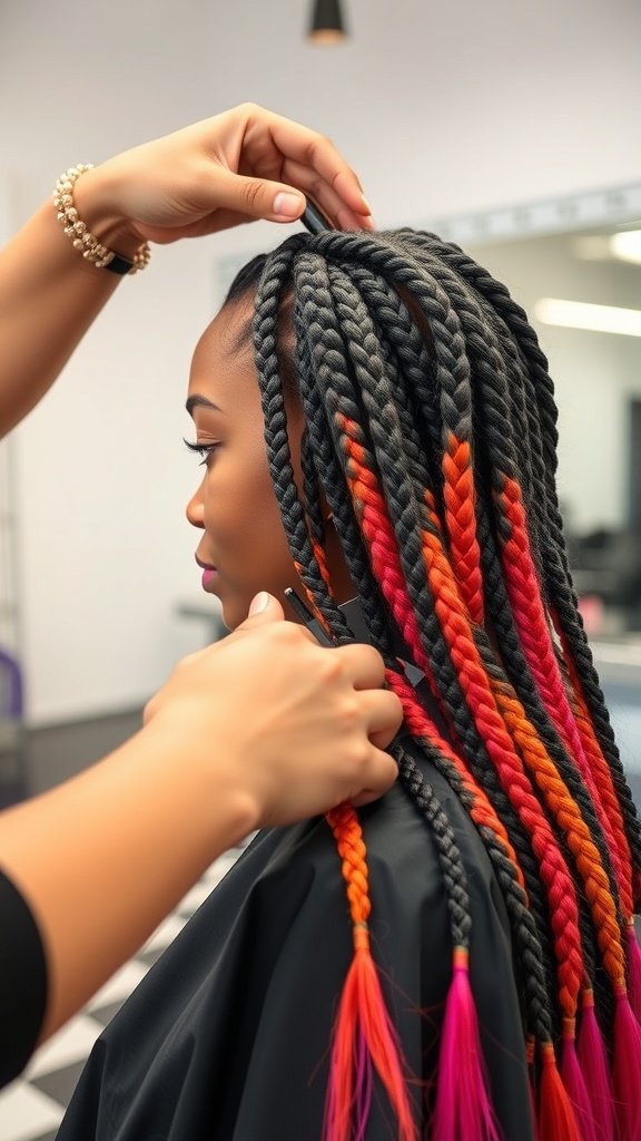 A stylist adding colorful braids to a woman's hair, showcasing vibrant colors like black, orange, and pink.