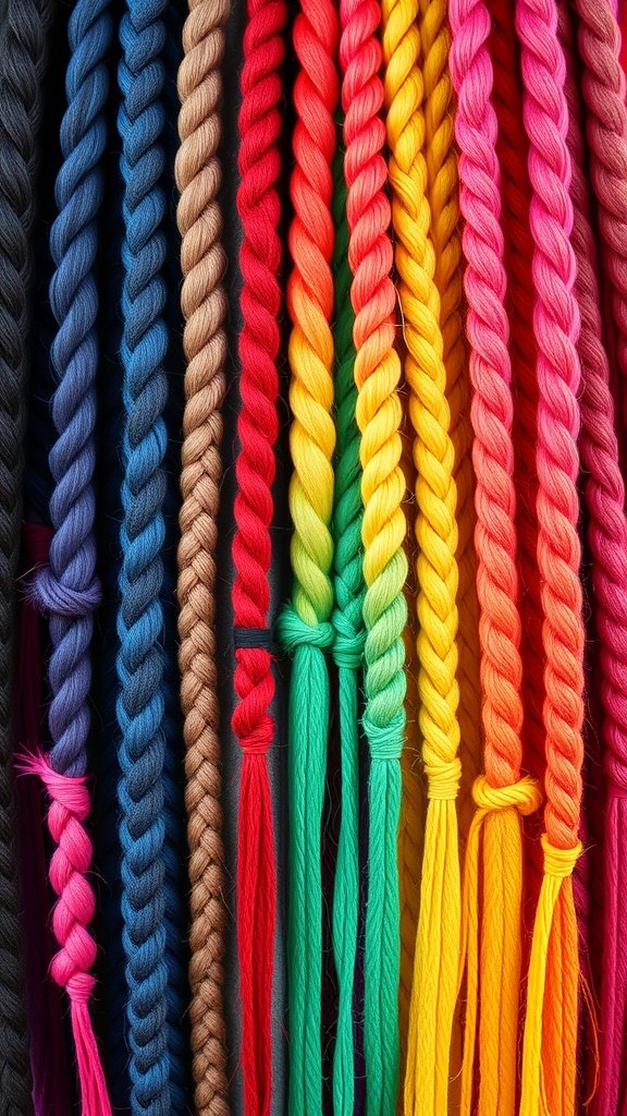 Vibrant colored braids in various shades including black, blue, red, yellow, and green.