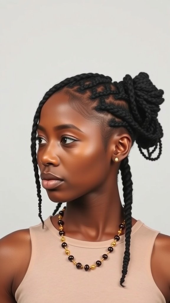 A woman with short knotless box braids styled in a bun, showcasing a chic and modern look.
