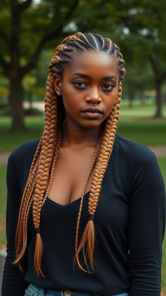 A woman with honey blonde knotless braids styled in a park.