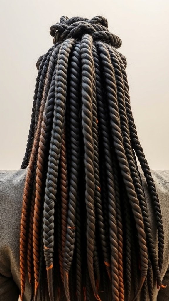 A back view of a person with jumbo knotless box braids styled elegantly.