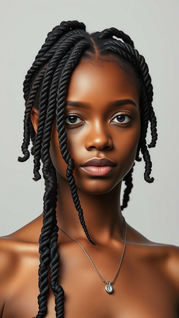A close-up of a person with jumbo knotless box braids styled elegantly.