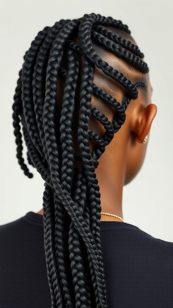 A close-up view of medium knotless box braids styled with unique parting.