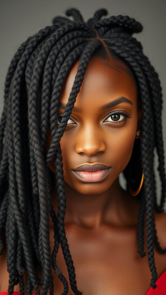 A close-up of a person with medium knotless box braids, showcasing the smooth texture and style.
