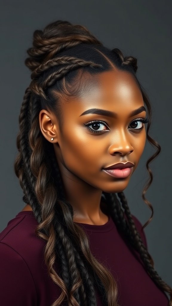 A woman with blonde boho knotless braids styled elegantly.