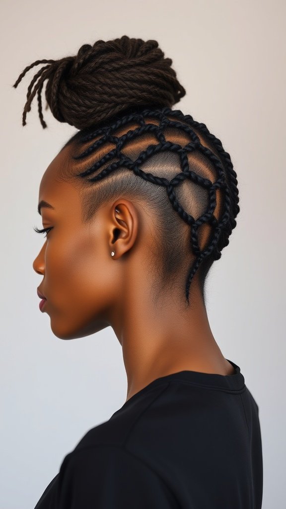 A stylish woman with knotless braids styled in an intricate pattern and a top bun.