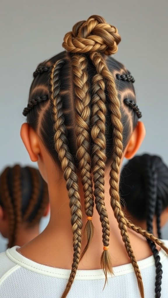 A stylish hairstyle featuring knotless braids styled with a top knot, showcasing various braid patterns.