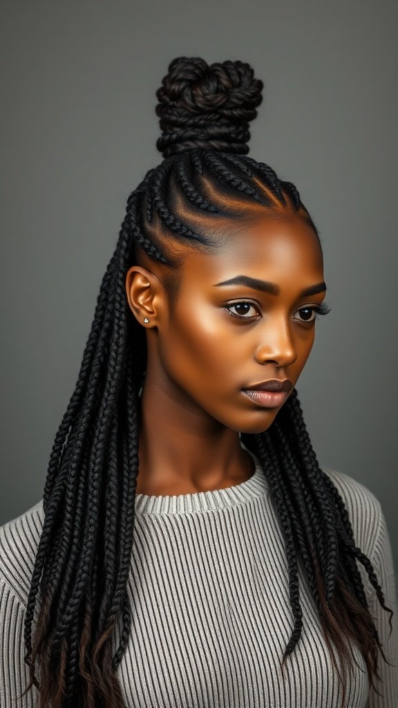 A model showcasing short boho knotless braids styled in a top bun with long braids flowing down.