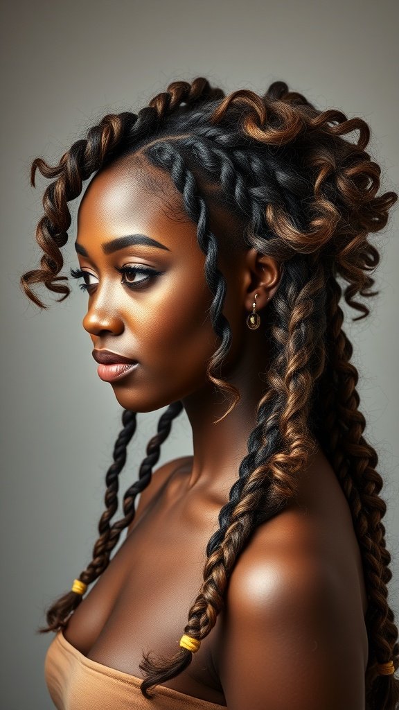 A woman with short bohemian knotless braids styled with curls, showcasing a chic and trendy look.