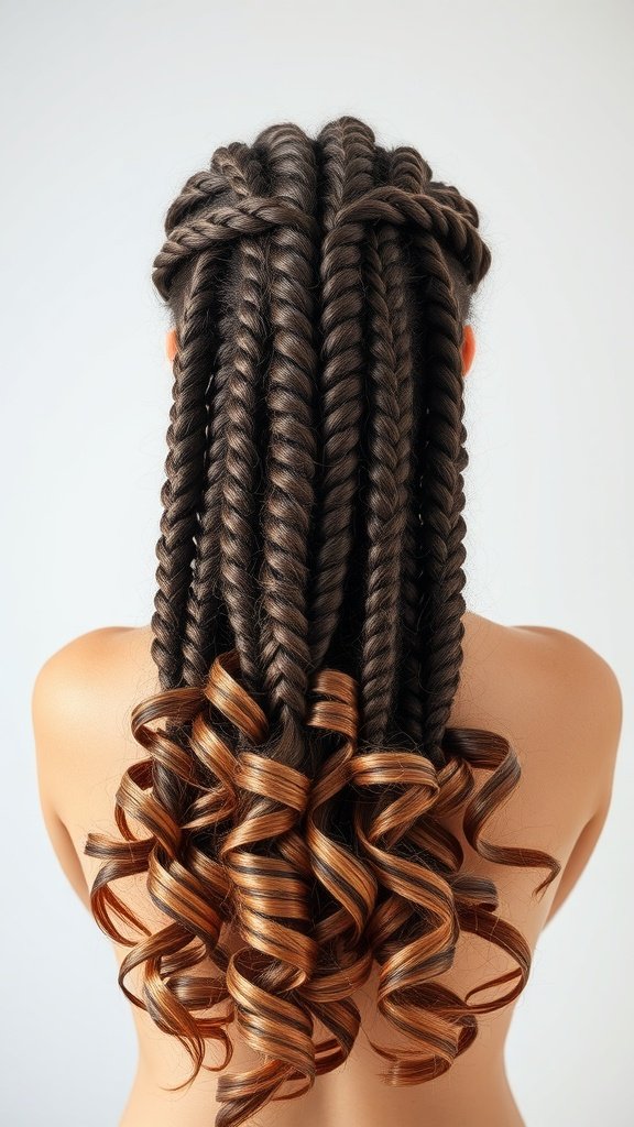 A back view of a person with short knotless braids styled with curly ends.