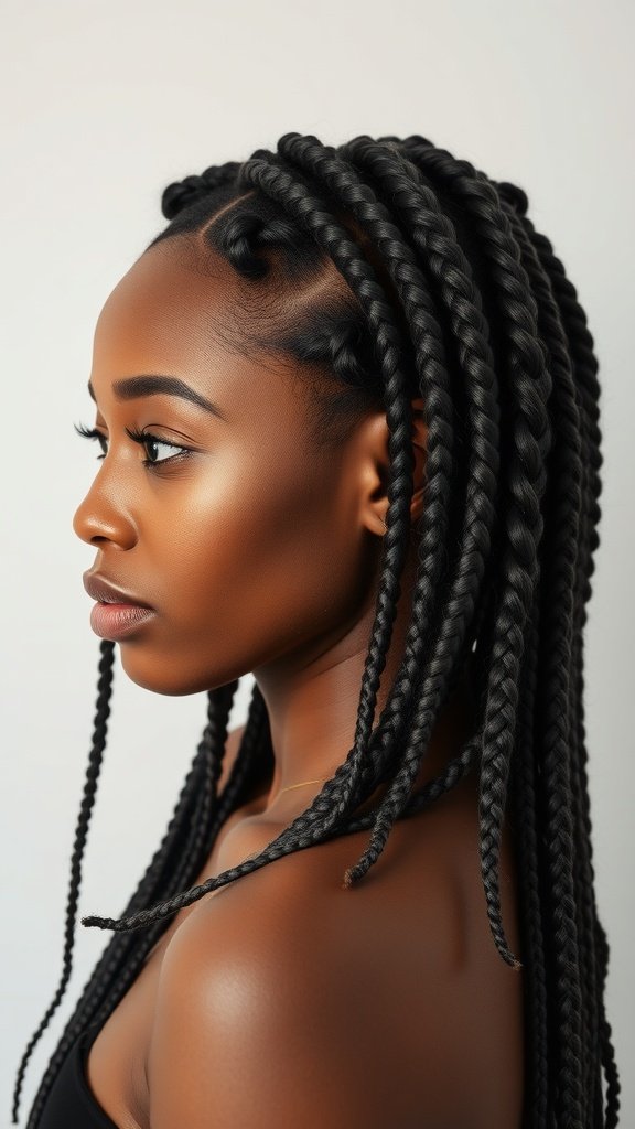 A profile view of a woman with large boho knotless braids, showcasing a stylish and modern hairstyle.