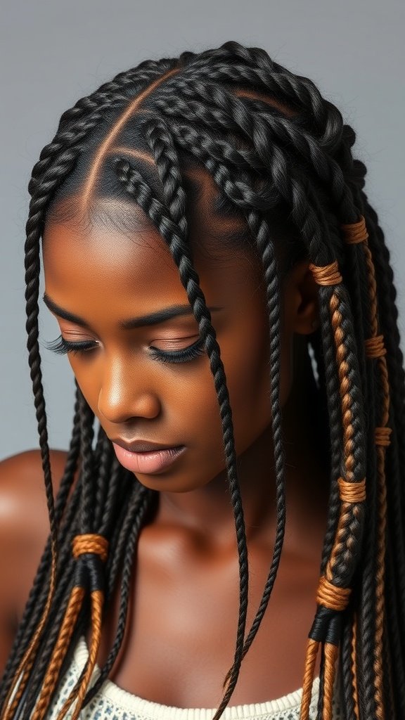 A woman with knotless braids featuring honey blonde highlights, showcasing a stylish and modern look.