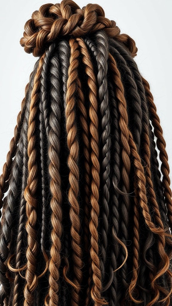A close-up view of knotless twist braids with a mix of dark and light brown colors, showcasing a stylish and playful hairstyle.