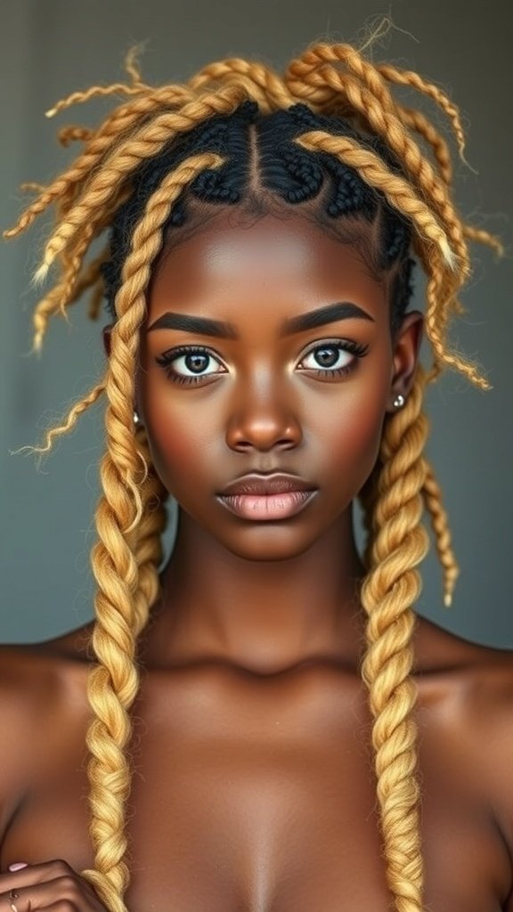 A model showcasing lemonade braids with a unique twist, featuring a blend of knotless and traditional styles.