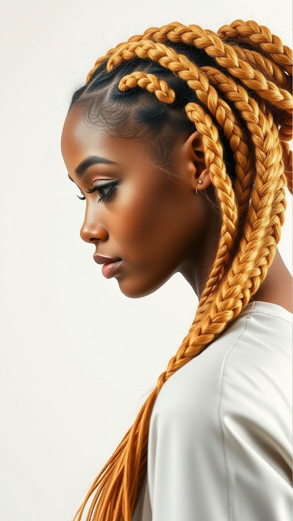 A woman with honey blonde knotless braids styled elegantly.