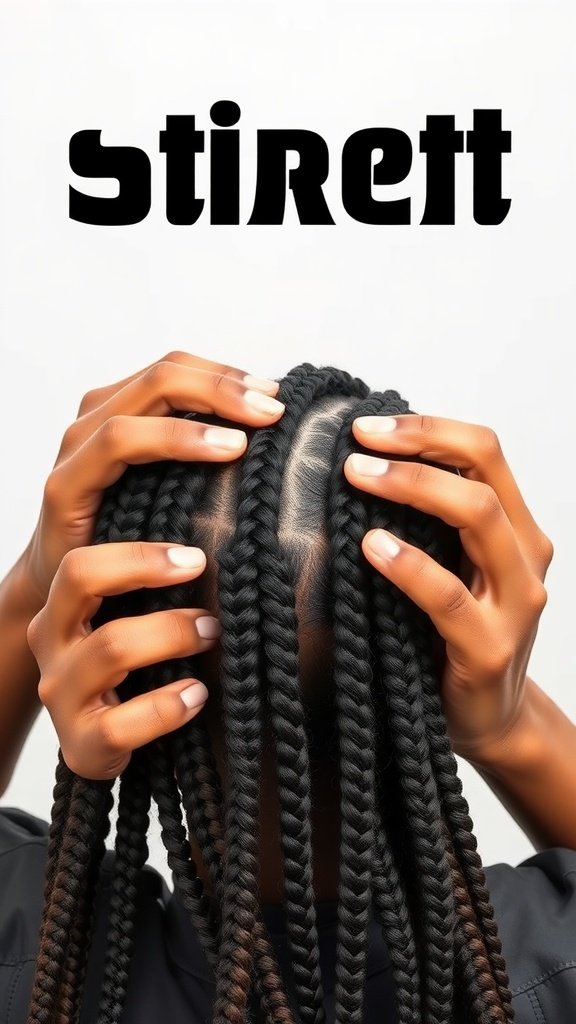 Close-up of a person's scalp with neatly parted sections of medium knotless box braids.