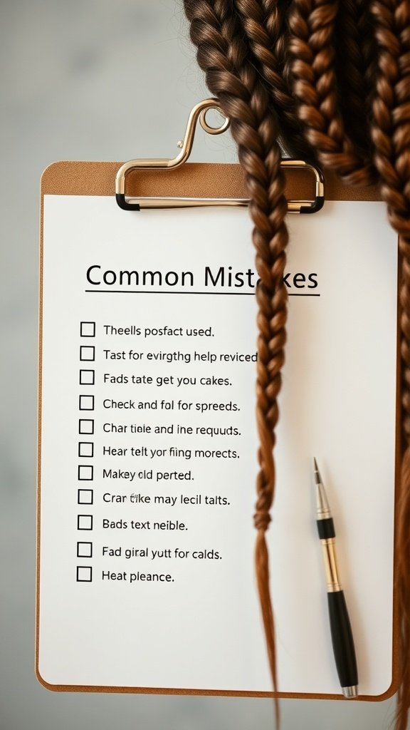 A clipboard with a checklist titled 'Common Mistakes' next to medium boho knotless braids.