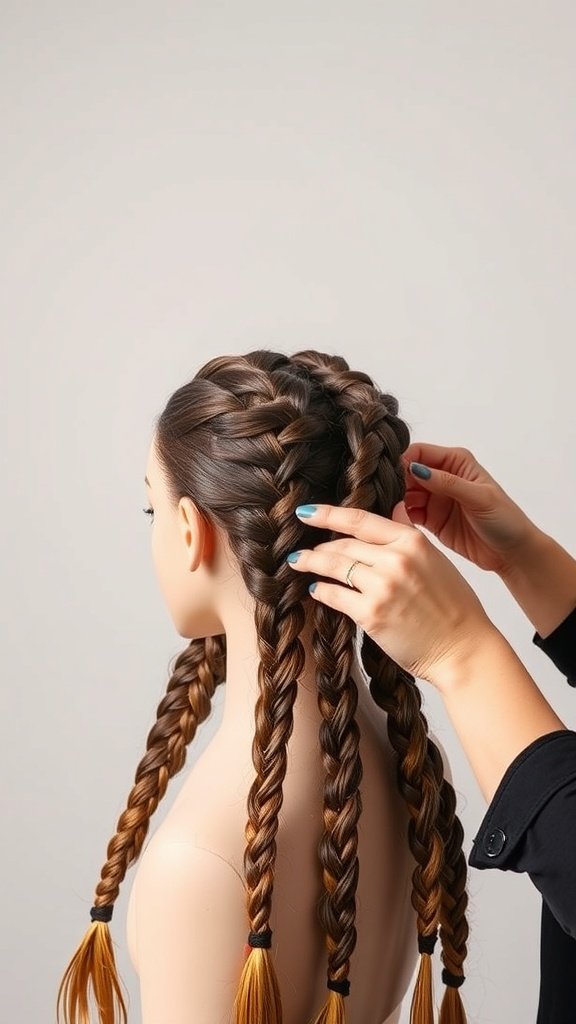 A close-up of a person styling medium boho knotless braids on a mannequin, showcasing intricate braiding techniques.