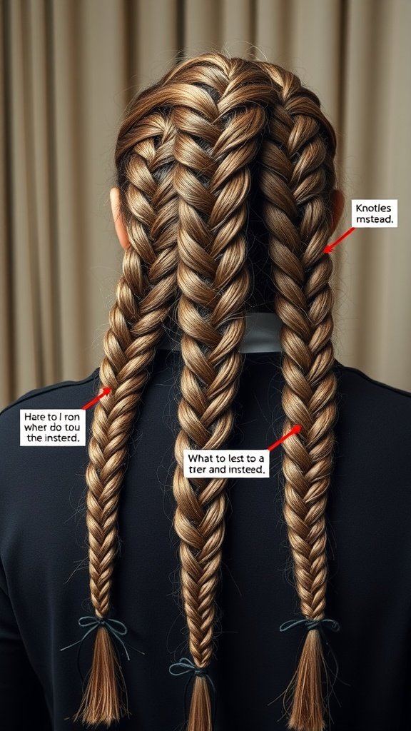 Image showing three small boho knotless braids with text annotations.