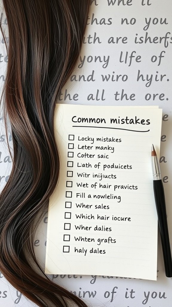 A checklist of common mistakes related to hair braiding, with a strand of hair beside it.