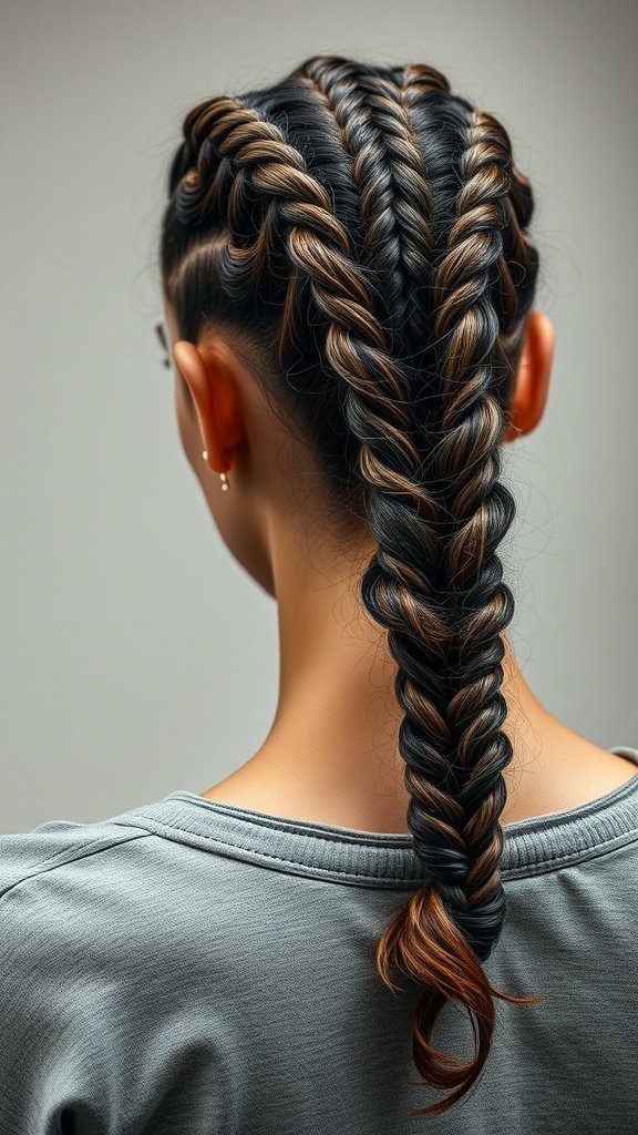 A close-up view of a person with intricately styled knotless box braids, showcasing a beautiful braid pattern.