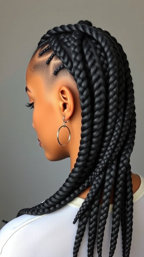 A close-up view of a woman with knotless boho braids, showcasing the intricate style and texture.