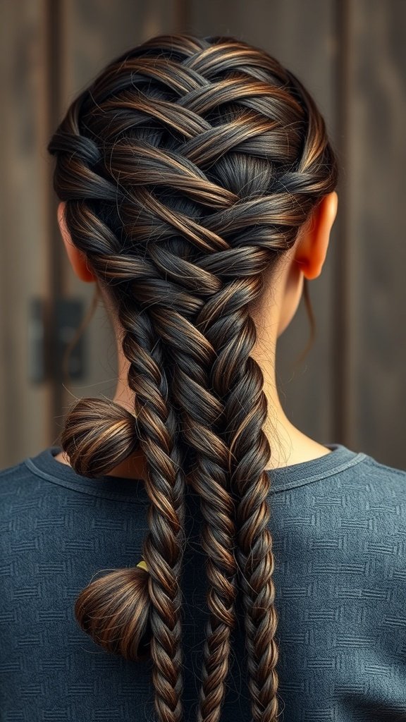 A close-up view of large boho knotless braids styled in a unique pattern.