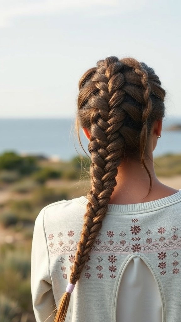 A person with a beautiful braided hairstyle, showcasing a neat braid against a scenic background.