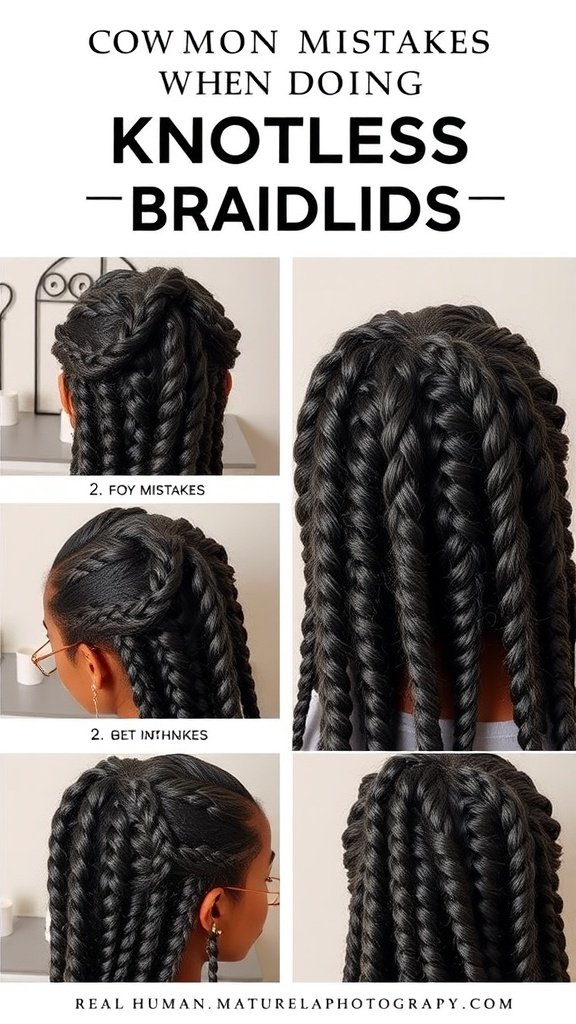 Common mistakes when doing knotless braids, showcasing various angles of beautifully done knotless twist braids.