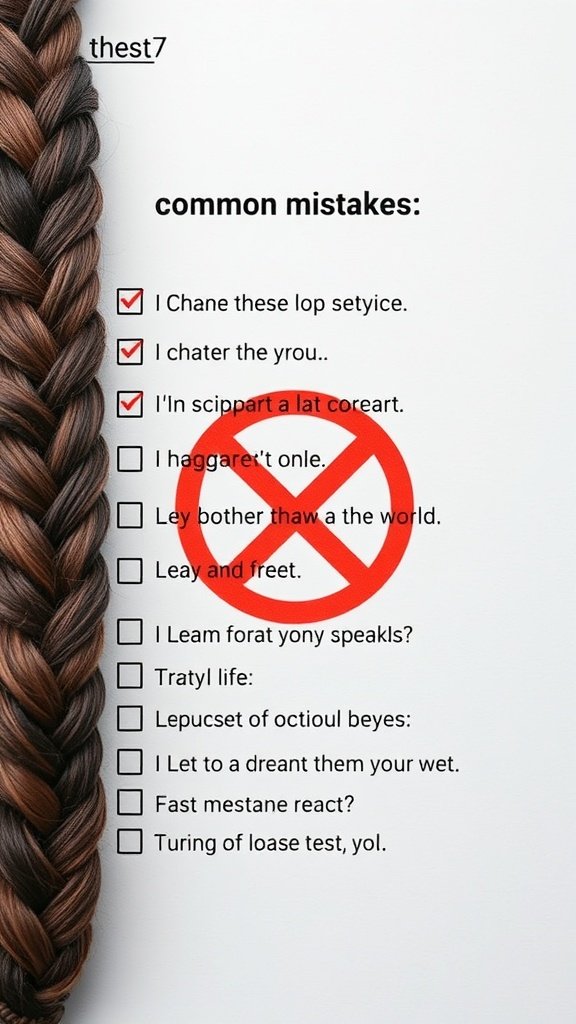 A close-up of a braided hairstyle with a list of common mistakes to avoid in braiding.