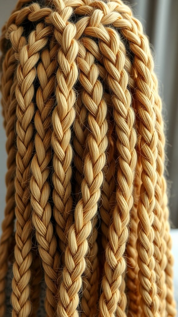 Close-up of blonde knotless braids, showcasing their intricate pattern and texture.