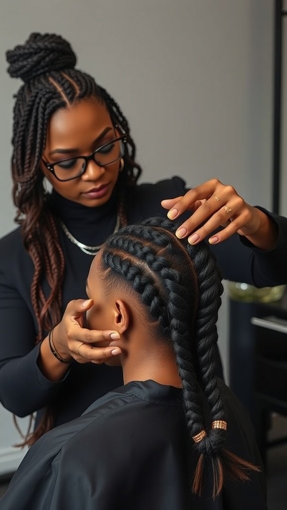A stylist working on medium knotless braids, focusing on precision and technique.
