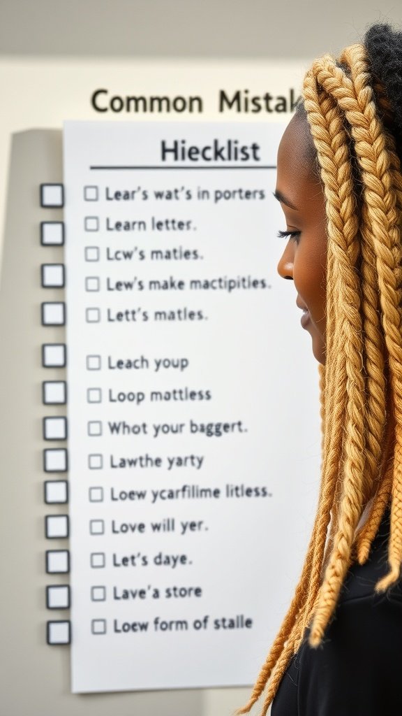 A woman with blonde knotless box braids standing next to a checklist titled 'Common Mistakes.'