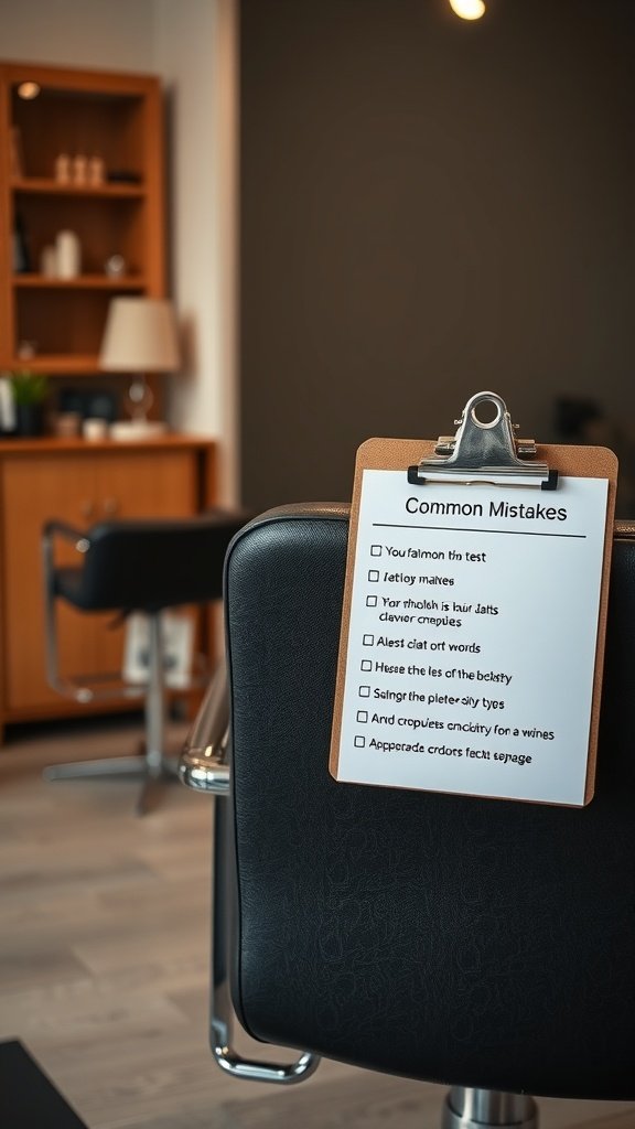 A clipboard with a list of common mistakes in a hair salon setting.