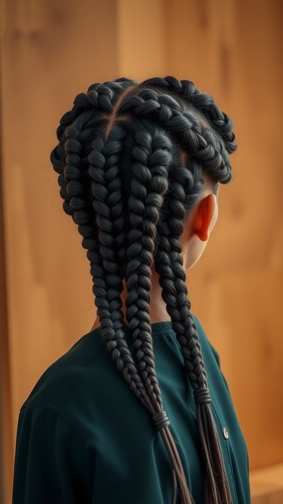 A close-up view of a person with stylish brown knotless braids, showcasing the intricate pattern and texture.