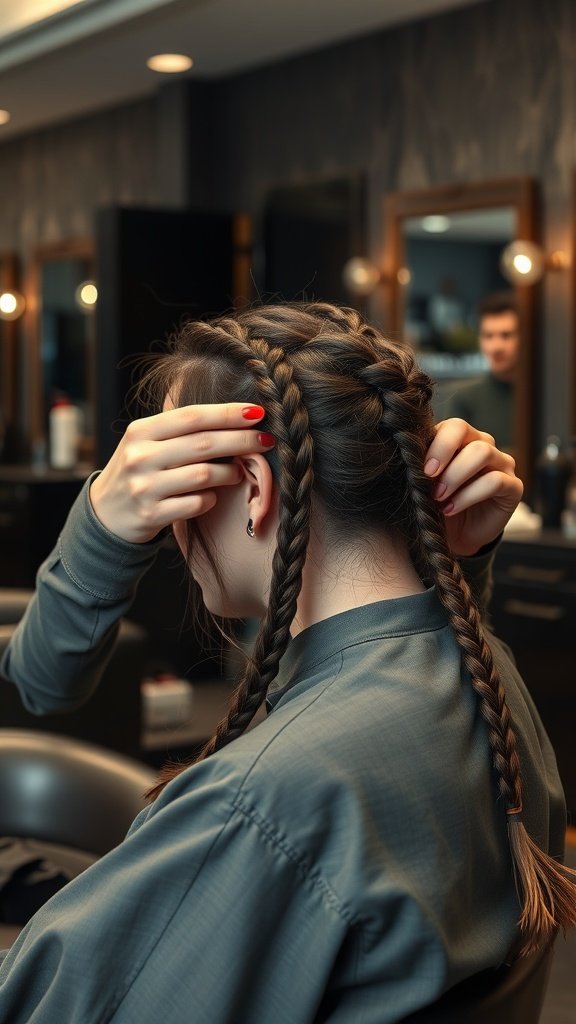 A person parting their hair for knotless box braids in a salon setting.