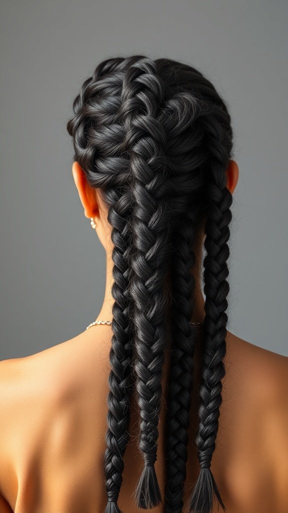 A close-up view of large knotless braids styled neatly, showcasing the intricate patterns and smooth finish.