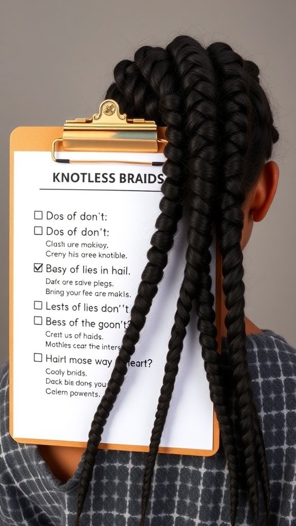 A checklist for knotless braids showing dos and don'ts, with a focus on hair care and maintenance.