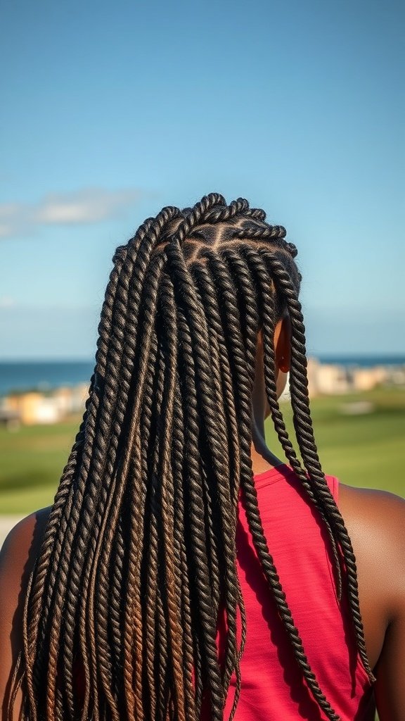A woman with honey brown knotless braids styled in a beautiful outdoor setting.