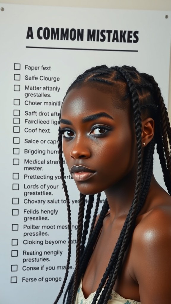 A woman with beautiful knotless braids, showcasing common mistakes to avoid in braiding.