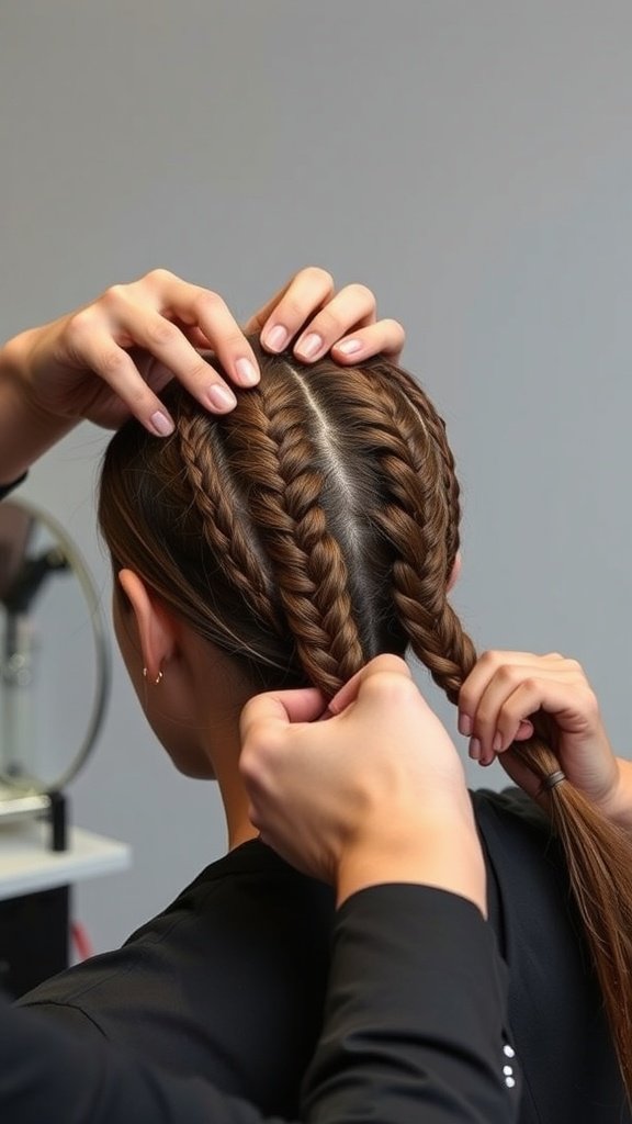 A stylist braiding hair into two neat sections, showcasing the process of creating knotless braids.