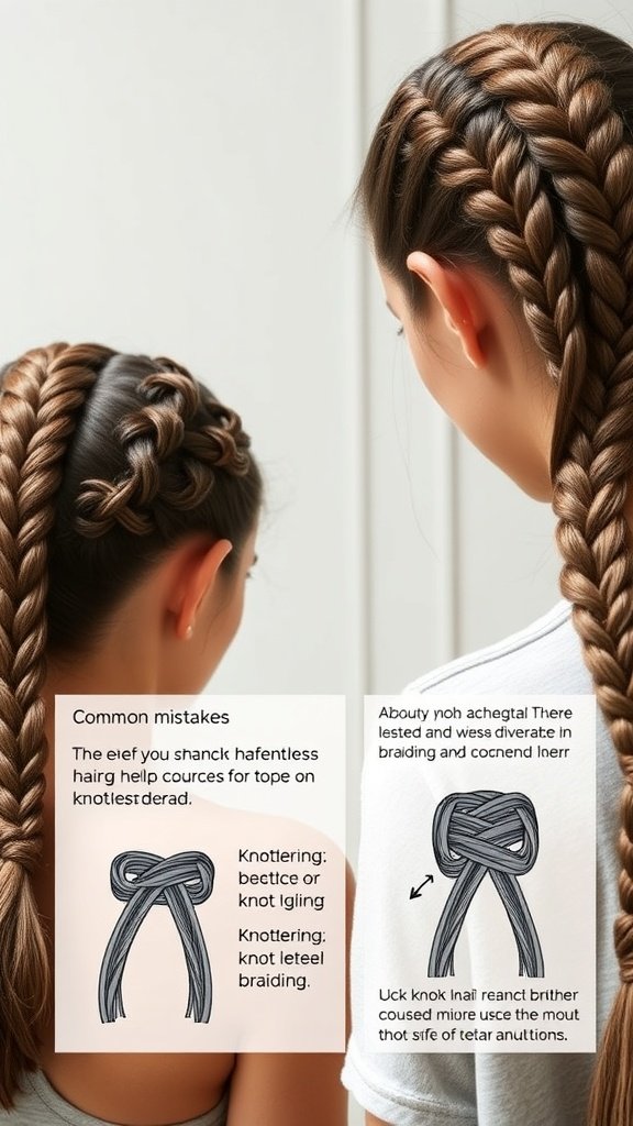 Image showing two individuals with different styles of knotless braids, emphasizing common mistakes in braiding.