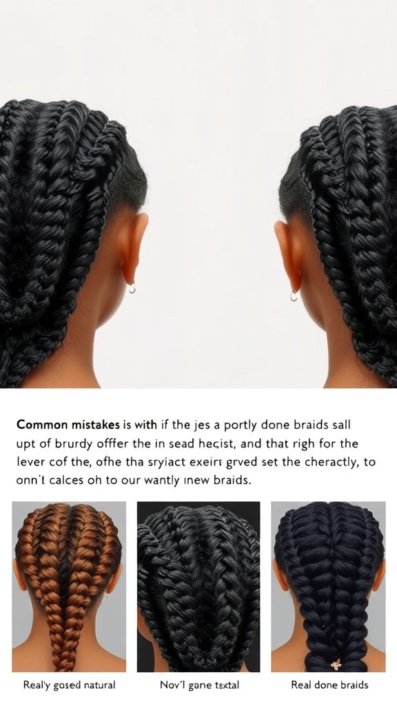 Image showing different styles of knotless box braids, highlighting common mistakes and proper techniques.