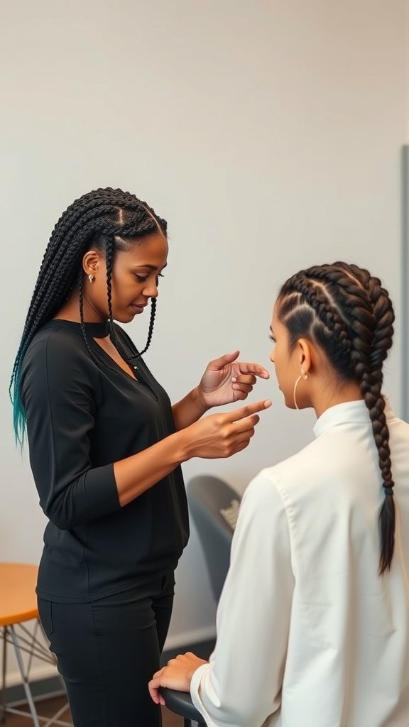 A stylist discussing knotless braids with a client, showcasing different braid styles.