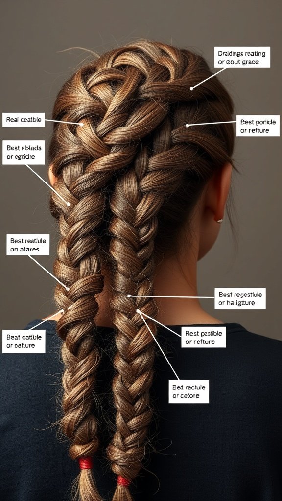 A close-up view of two beautifully braided knotless braids, showcasing intricate patterns and details.